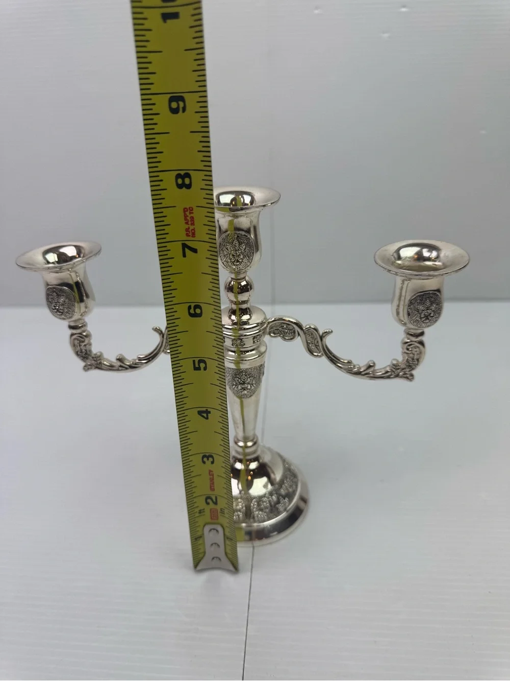 Vintage 3-Light Candelabra Silver Tone Metal Floral Embossed 7.5” Tall Ornate Ca